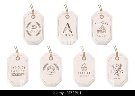 Hand drawn bakery hanging tag collection with bread croissant cupcake cake and wheat for bakery packaging branding product labels and food design isol Stock Vector