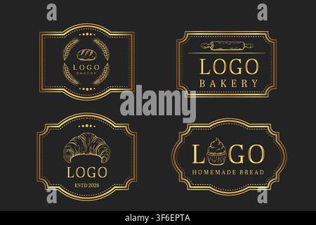 Luxury bakery logo label collection with bread croissant cupcake and rolling pin for bakery branding packaging premium food products cafe menu and ele Stock Vector