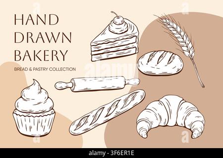 Hand drawn bakery collection with bread croissant cupcake cake wheat rolling pin and baguette illustration for bakery branding packaging menu food and Stock Vector