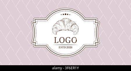 Hand drawn bakery label with croissant on seamless geometric pattern background for bakery packaging branding wallpaper and food design Stock Vector