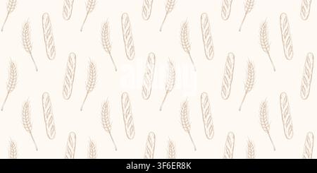 Seamless hand drawn baguette and wheat pattern on beige background for wallpaper textile wrapping paper packaging and bakery design Stock Vector