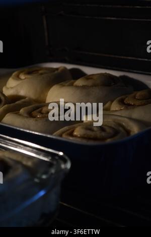 Raw cinnamon rolls baking inside hot dark oven, process of making homemade Cinnabon buns, side view Stock Photo