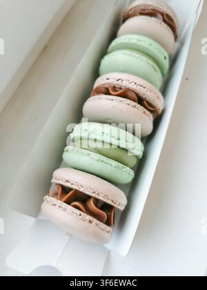Assorted french macarons in pastel colors arranged in a white paper box Stock Photo