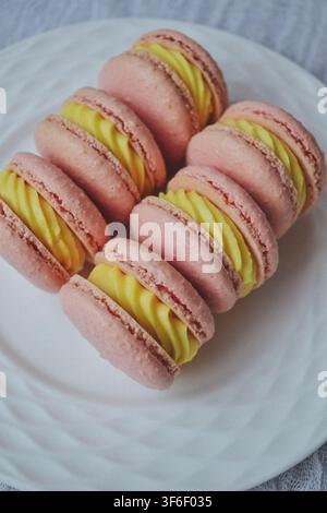 Rows of pink French macarons filled with yellow lemon curd on white ceramic plate Stock Photo