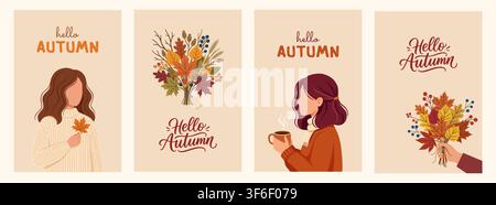Set of cards with woman and autumn theme. Girl holding maple leaf bouquet and cup of coffee. Hello autumn calligraphy lettering. Seasonal illustration Stock Vector