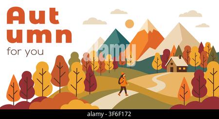 Woman hiker walking through autumn forest landscape. Girl trekking along path near cabin and mountain. Fall season travel concept. Flat illustration. Stock Vector