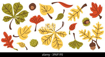 Fall leaves and chestnuts clipart doodle vector set for autumn design Stock Vector