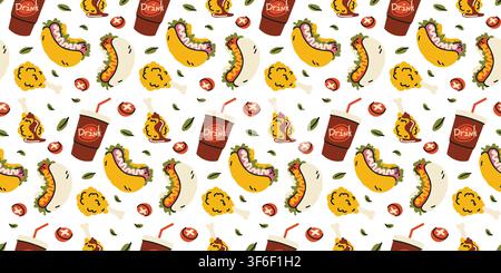 Hot dog and street food seamless pattern hand drawn vector Stock Vector