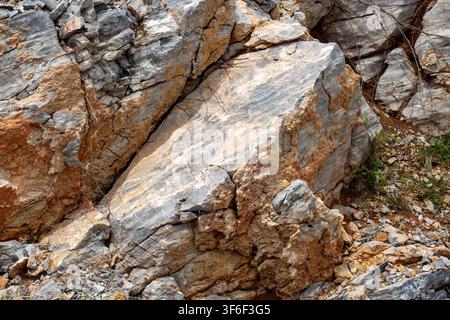 Massive Solid Rock Formation with Earthy Brown Soil and Grey Slate Textures Stock Photo