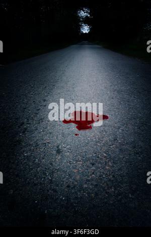A bright red blood stain on an empty road leads into a dark tree tunnel, evoking a mysterious crime scene concept Stock Photo
