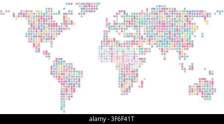cotton candy detailed pixel block mosaic world map in soft pink tones arranged in geometric grid pattern for wall art decor poster print design Stock Vector