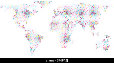 confetti pixel block mosaic world map in festive scattered tones arranged in geometric grid pattern for wall art decor poster print and home decor Stock Vector