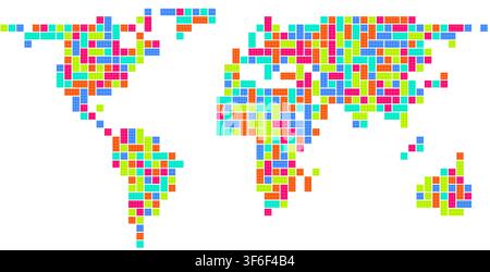 cyber circuit pixel block mosaic world map in tech circuit tones arranged in geometric grid pattern for wall art decor poster print and home decor Stock Vector