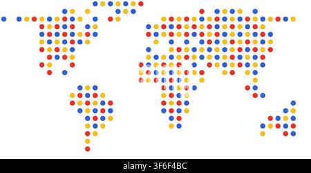 cherry dots pixel block mosaic world map in bold cherry tones arranged in geometric grid pattern for wall art decor poster print and home decor Stock Vector