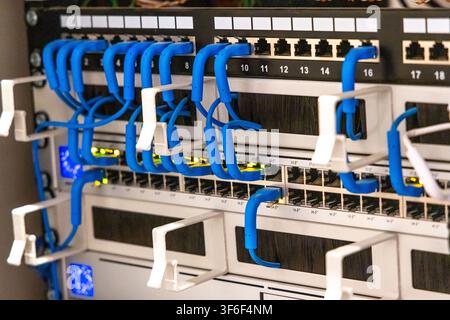 Close-up view of a server rack with multiple network switches and organized blue patch cables Stock Photo