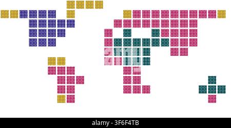 jewel plates pixel block mosaic world map in distinctive tones arranged in geometric grid pattern for wall art decor poster print and home decor Stock Vector
