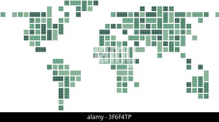 emerald rings pixel block mosaic world map in distinctive tones arranged in geometric grid pattern for wall art decor poster print and home decor Stock Vector