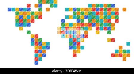 curated pixel block mosaic world map in curated signature tones arranged in geometric grid pattern for wall art decor poster print and home decor Stock Vector