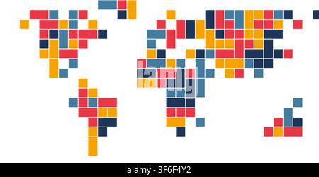 mondrian slats pixel block mosaic world map in primary red tones arranged in geometric grid pattern for wall art decor poster print and home decor Stock Vector