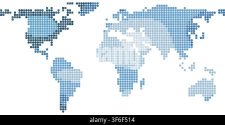 mono blue detailed pixel block mosaic world map in navy tones arranged in geometric grid pattern for wall art decor poster print and home decor Stock Vector