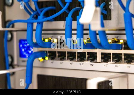 Detailed view of a server rack showing multiple active network ports with illuminated LEDs and organized blue patch cords Stock Photo