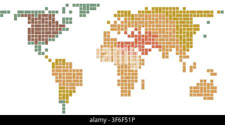 retro ripple print pixel block mosaic world map in retro printed tones arranged in geometric grid pattern for wall art decor poster print design Stock Vector