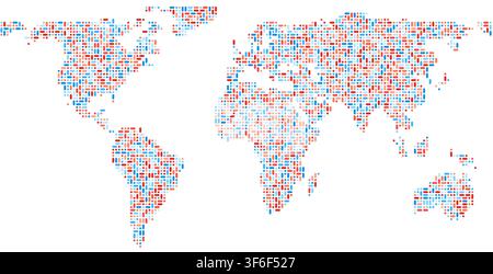pixel storm pixel block mosaic world map in dense dynamic tones arranged in geometric grid pattern for wall art decor poster print and home decor Stock Vector