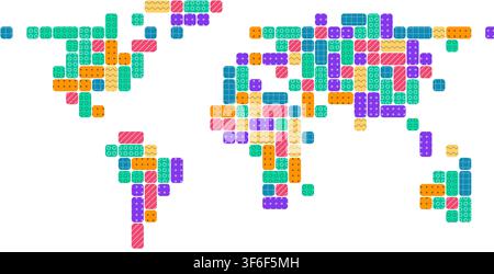 tropical punch bold pixel block mosaic world map in mango tones arranged in geometric grid pattern for wall art decor poster print and home decor Stock Vector