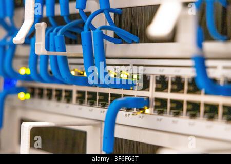 A detailed view of a server rack filled with active network equipment and vibrant blue Ethernet cables Stock Photo