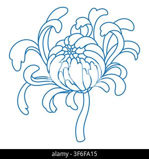Chinese chrysanthemum flower line art isolated on white. Traditional Japanise chrysanth blossom outline. Beautiful monochrome sketch of mum flower Stock Vector
