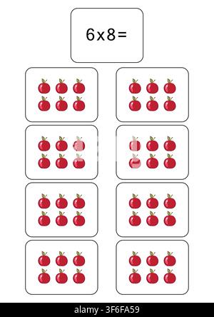 Multiplication table of 6. Maths card with an example, drawing. Multiplication Square, vector illustration. Printed products, banner, table for Stock Vector