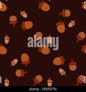 Vector seamless pattern with acorns on dark brown background. Minimalist autumn botanical print for back to school, packaging, and paper decor. Stock Vector