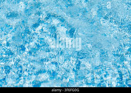 Close-up view of clear blue swimming pool water with gentle ripples distorting the view of the tiled floor below Stock Photo