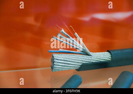 Moscow, Russia, 09.07.2026 Multi-core industrial cable with metallic shielding and insulated wires. Cross section of heavy duty power cable for energy Stock Photo