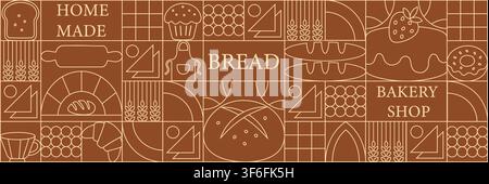 Bread. Mosaic seamless pattern of bakery. Pastries Geometric designs abstract line background. Bread icons with simple shapes. Stock Vector