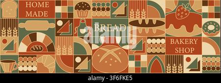 Bread. Mosaic seamless pattern of bakery. Pastries Geometric designs abstract line background. Bread icons with simple shapes. Stock Vector