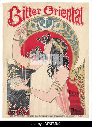 "Advertising poster, beverage advertisement, advertising poster titled Bitter Oriental by Henri Privat-Livemont from 1897. The scene shows a woman in a transparent dress squeezing an orange over a seashell. The poster was published in Brussels and served as an advertisement for a beverage; authentic reproduction of a historical advertising poster, advertising sign, in high resolution." Stock Photo