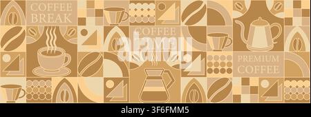 Coffee. Mosaic seamless pattern of Coffee shop. Coffee Geometric designs abstract line background. Coffee icons with simple shapes. Stock Vector