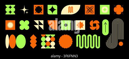 Trendy vector brutalism colorful Y2K shapes icons arcs, waves, stars, ovals, spirals, and other primitive elements. Swiss design aesthetic. Abstract geometric figures. Bauhaus Memphis design. Stock Vector