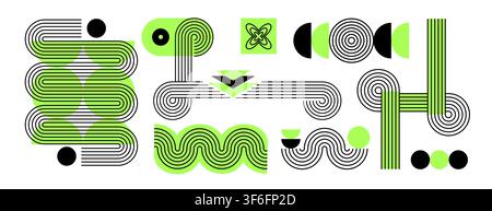 Trendy vector brutalism colorful Y2K shapes icons arcs, waves, stars, ovals, spirals, and other primitive elements. Swiss design aesthetic. Abstract geometric figures. Bauhaus Memphis design. Stock Vector
