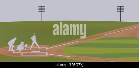 Baseball stadium scene with batter pitcher umpire vector illustration Stock Vector