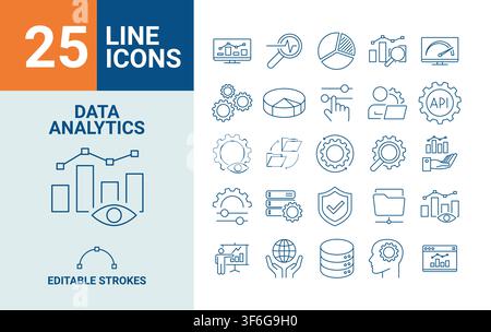 Data Analytics Line Editable Icons set. Database, statistics, server, monitoring, computing, network, big data, data processing, hosting, data mining Stock Vector