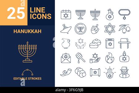 Set of 25 Hanukkah line icons editable strokes Jewish holiday symbols pack Stock Vector