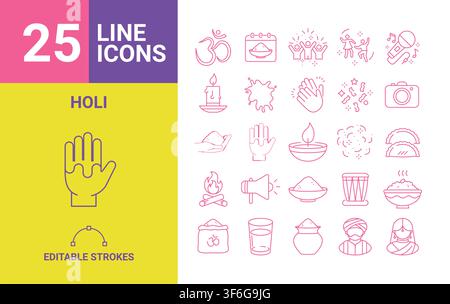 25 Holi line icons set editable strokes vector Stock Vector