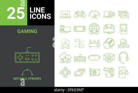 25 gaming line icons set editable strokes vector collection Stock Vector