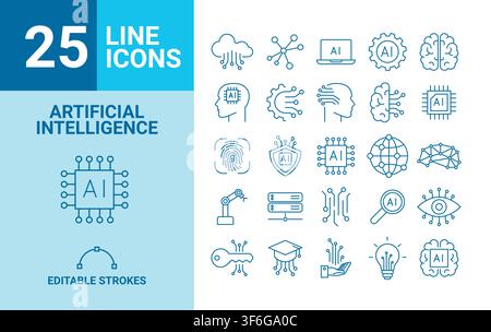 Set of 25 web icons of artificial intelligence in line style. AI technology icons for web and mobile applications. Stock Vector
