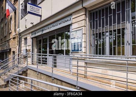 Bourg-en-Bresse, France - 26 July 2026: Main accessible entrance with ramp and railing at the Direction Departmentale de la Police Nationale building. Stock Photo