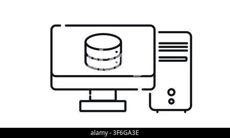 Desktop computer tower and monitor with database cylinder symbol on screen vector icon. Black line art style on white background. Data storage center, Stock Vector