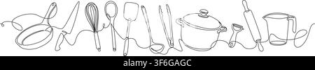 continuous line drawing of kitchen utensils and cookware, cooking and food preparation concept, minimal line art vector illustration Stock Vector