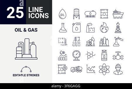 25 Oil and Gas Line Icons Set for Energy Industry and Industrial Technology Vector Collection Stock Vector
